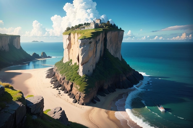 A castle on a cliff overlooking the ocean