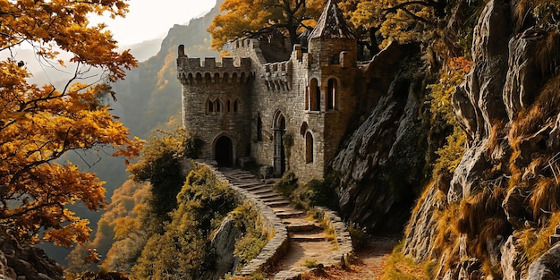 Photo castle cliff path going dragon crown nostalgia people looking house resplendent