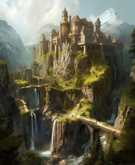 a castle on a cliff with a bridge in the background