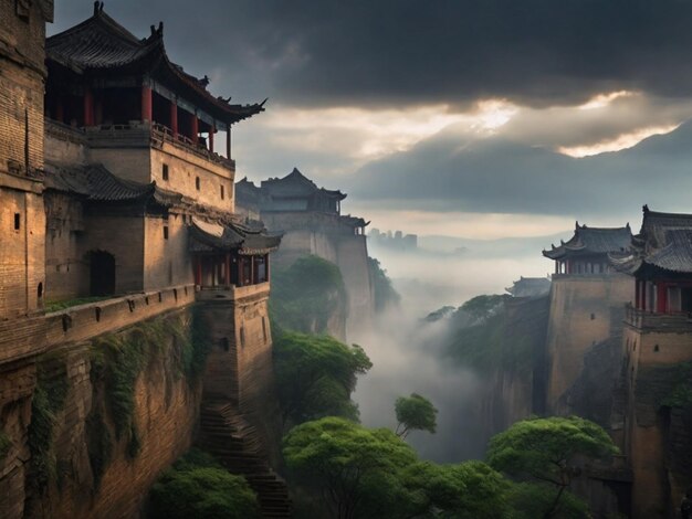 a castle on a cliff with a cloudy sky in the background