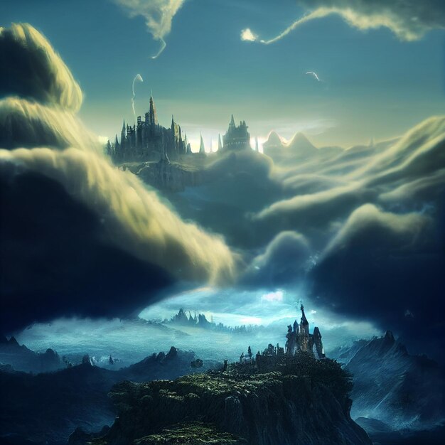 Замок на скале с облачным небом на заднем плане