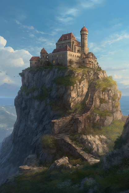 A castle on a cliff with a lighthouse on it