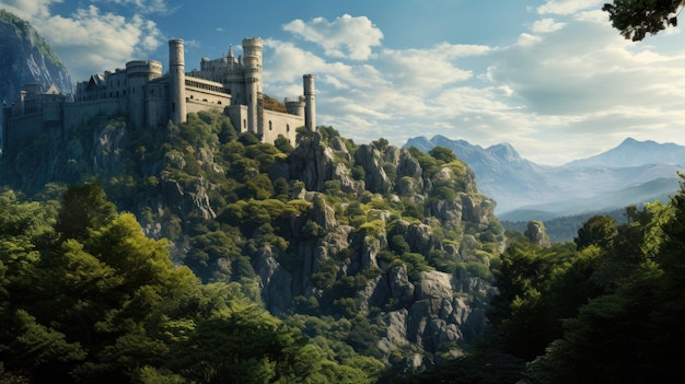 castle on a cliff with a mountain in the background