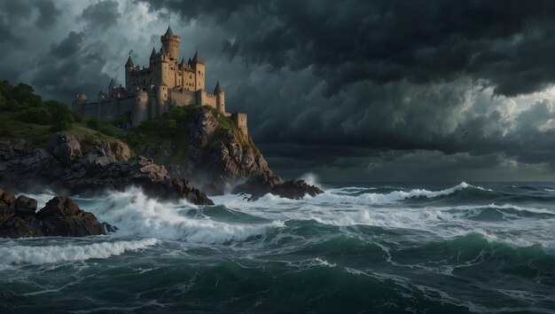 Photo a castle on a cliff with a storm coming in