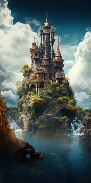 a castle on a cliff with a waterfall in the background