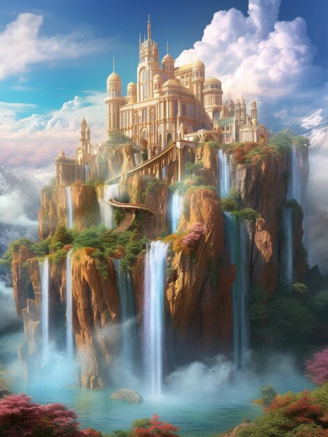 a castle on a cliff with a waterfall in the background