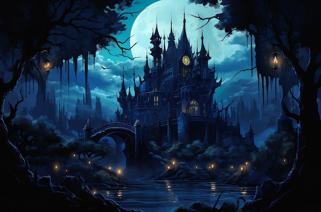 castle clock tower middle forest princess large windows night bones meat blue moonlight room mansion