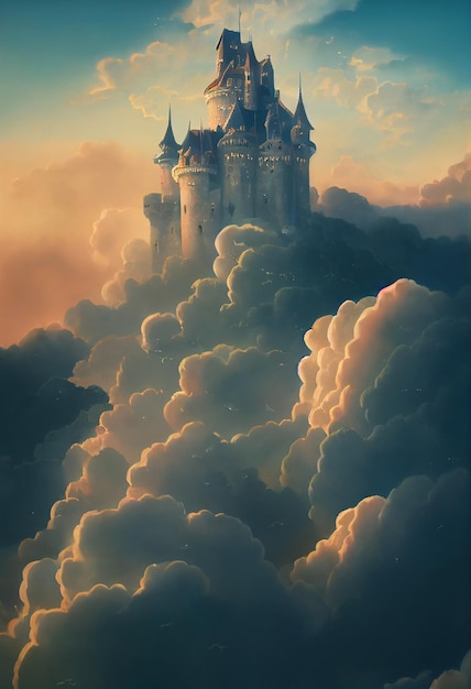 Castle on the cloud fantasy 3d illustration