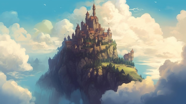 A castle in the clouds fantasy concept illustration painting generative ai