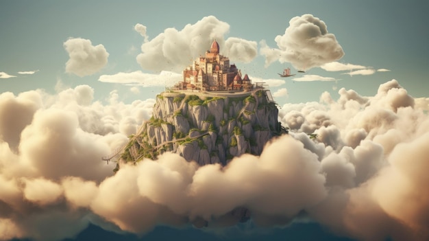 a castle in the clouds with a boat on the top.