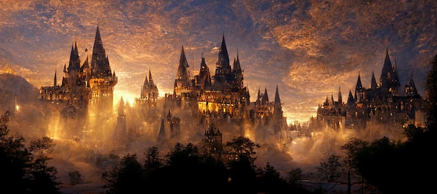 A castle in the clouds with the sun setting behind it