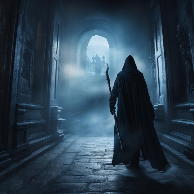 Castle corridor photorealistic the grim reaper beautiful image Ai generated art