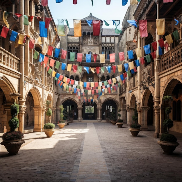 Castle courtyard filled with colorful banners and knights in shining armor