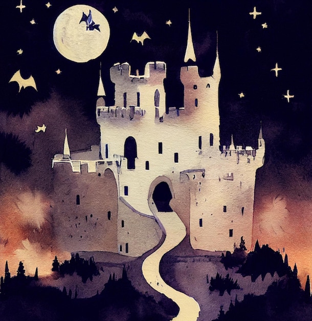 Castle on the Dark hill, with moon and bats all around. Watercolor illustration.