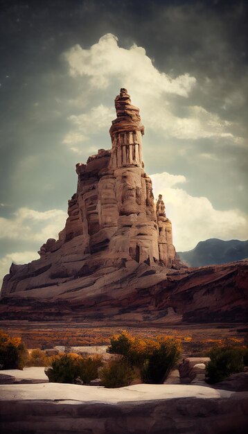 A castle in the desert with a cloudy sky