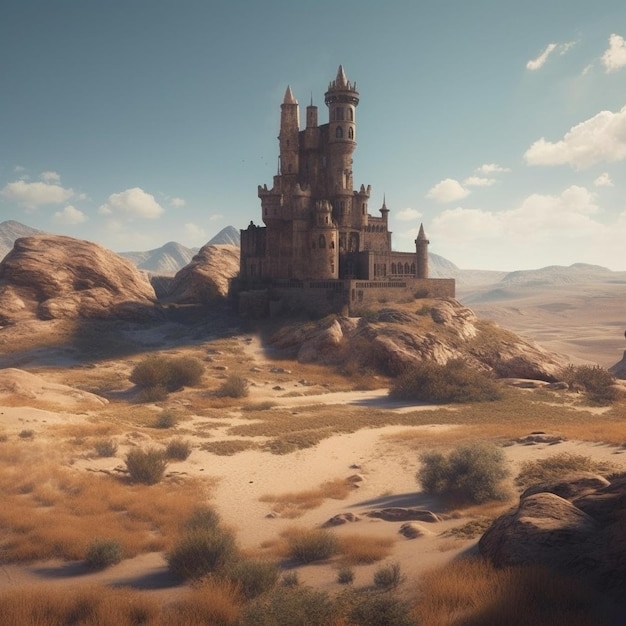 A castle in the desert with the sky in the background