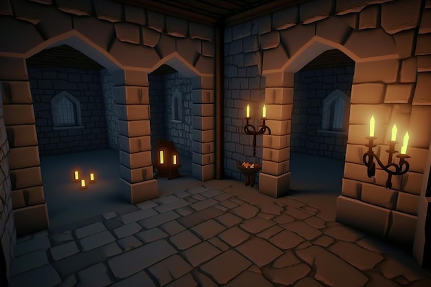 Castle dungeon interior Ai Stone brick walls and torches