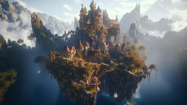 A castle on a floating island in the ocean