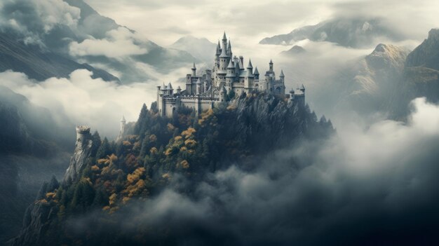 A castle in the fog on a mountain peak