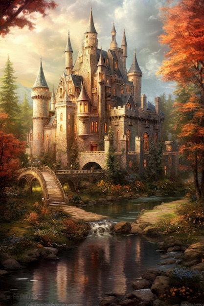 Castle in the forest by the lake