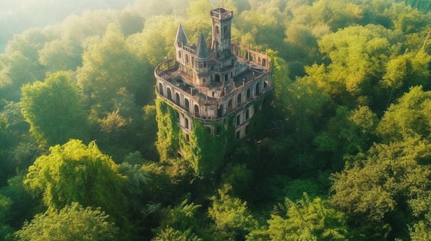 A castle in the forest with a green background