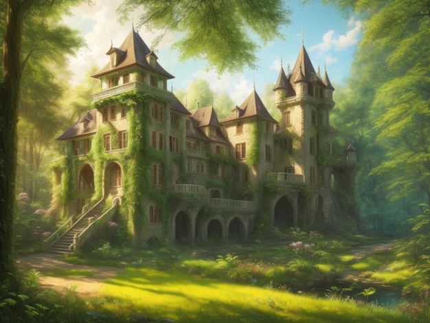 A castle in the forest with ivy growing on the walls.