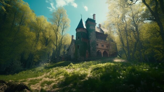 A castle in the forest with the sun shining on it.