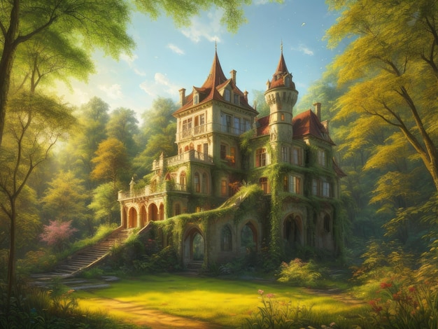 A castle in the forest with the word'castle'on the front