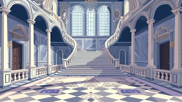 castle hall illustration marble staircase medieval luxury ballroom Generative Ai