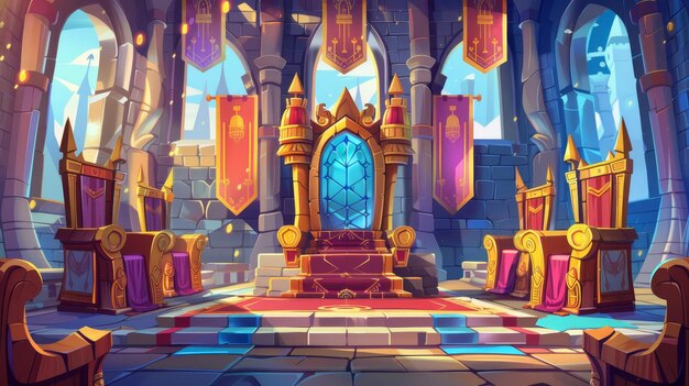 Photo castle hall with thrones for king and queen ballroom interior medieval palace for royal family with flags and guards with swords fantasy fairy tale video game illustration