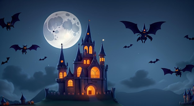 Castle Halloween Night Moon Achtergrond gloeiende pompoenen en vleermuizen vliegen