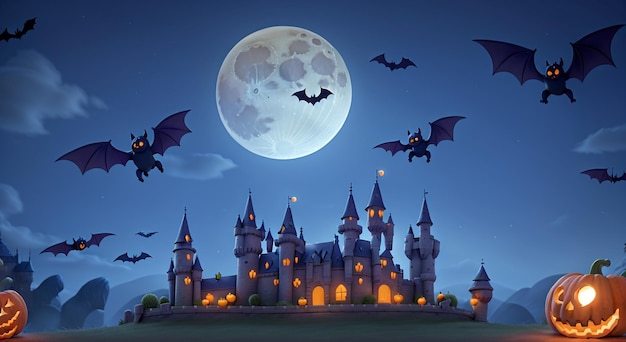 Castle Halloween Night Moon Achtergrond gloeiende pompoenen en vleermuizen vliegen