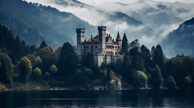 Foto castello sulla collina fantasia con ponte di legno