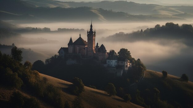 A castle on a hill in the fog