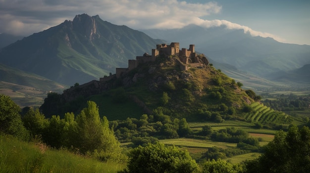 A castle on a hill in the mountains