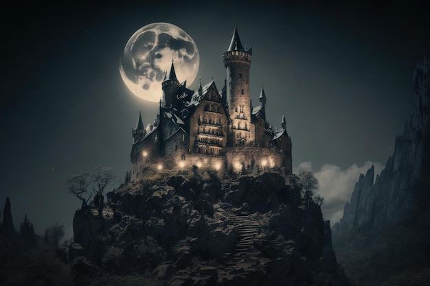 Castle on the hill at night with full moon Halloween concept