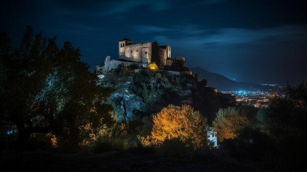 A castle on a hill at night with the lights on.