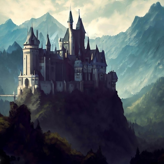 castle on the hill surrounded by mountains by ai