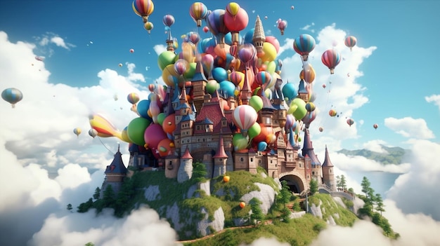 A castle on a hill with balloons in the sky