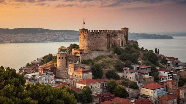 A castle on a hill with the city in the background