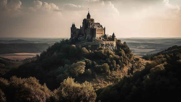 A castle on a hill with a cloudy sky