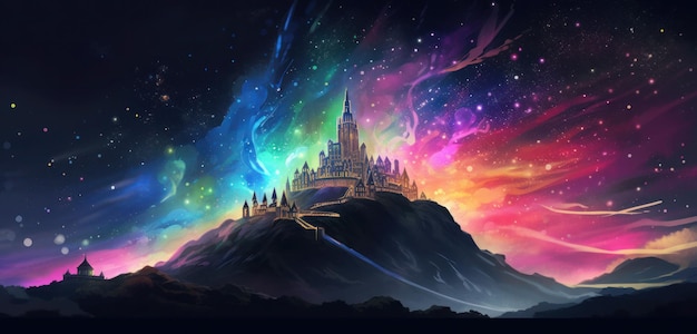 A castle on a hill with a colorful sky behind it