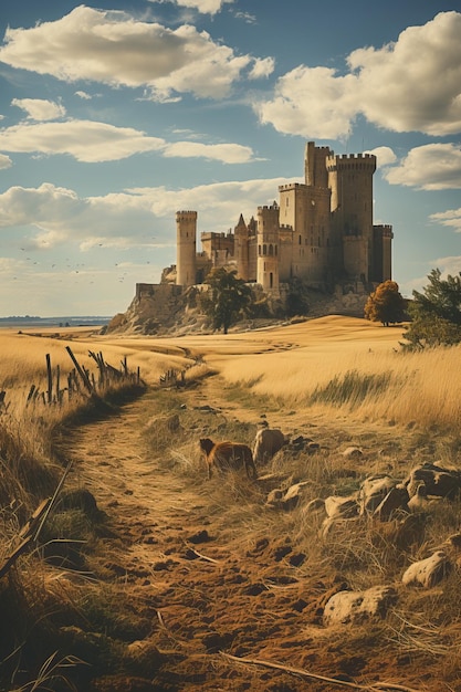 Foto un castello su una collina con un campo erboso e un cane con il castello di bamburgh sullo sfondo