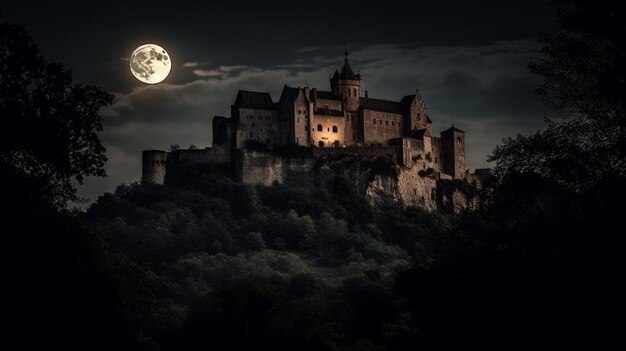 A castle on a hill with a full moon in the background