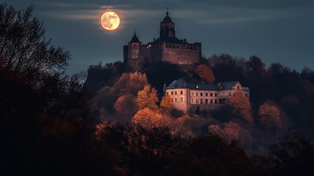 A castle on a hill with a full moon in the background