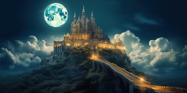 Photo castle on a hill with a full moon in the background