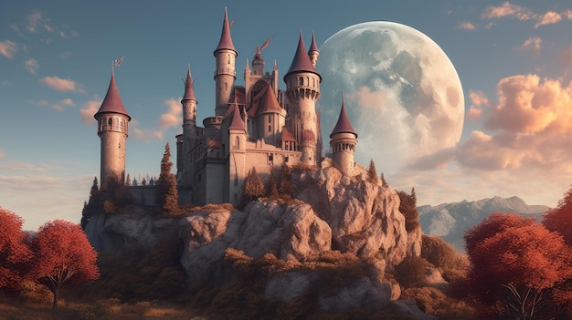 A castle on a hill with the moon in the background