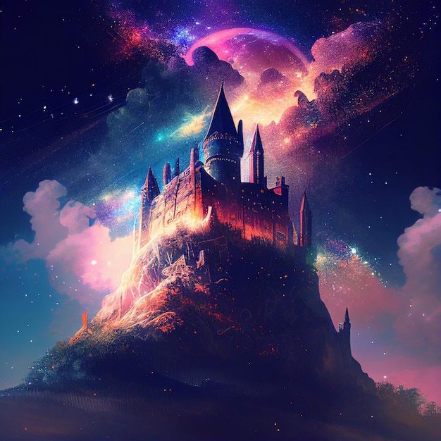 A castle on a hill with a moon in the background