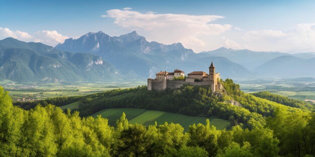 Photo a castle on a hill with mountains in the background