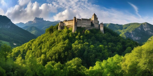 A castle on a hill with mountains in the background